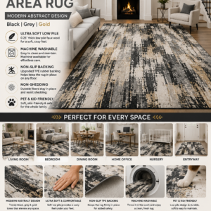 Modern abstract washable area rug in black grey and gold with soft low pile texture for living room and bedroom decor