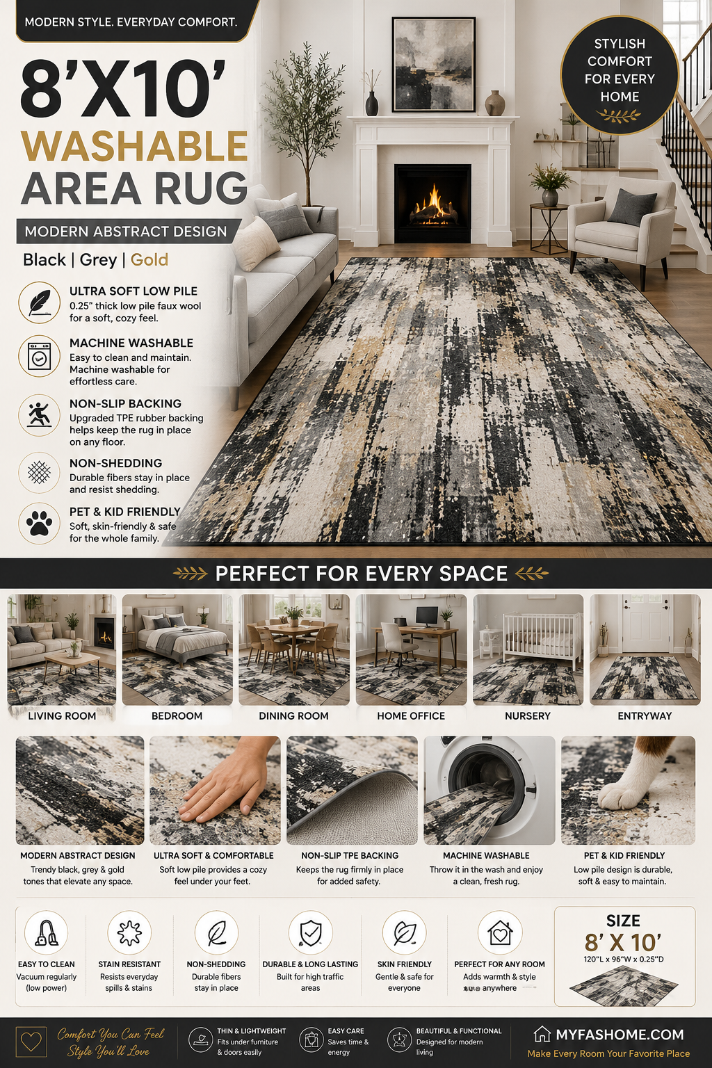 8x10 Modern Abstract Washable Area Rug Modern abstract washable area rug in black grey and gold with soft low pile texture for living room and bedroom decor