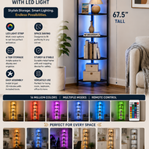 6 tier corner shelf with LED lighting, black metal frame, and wood shelves for modern home organization and decor