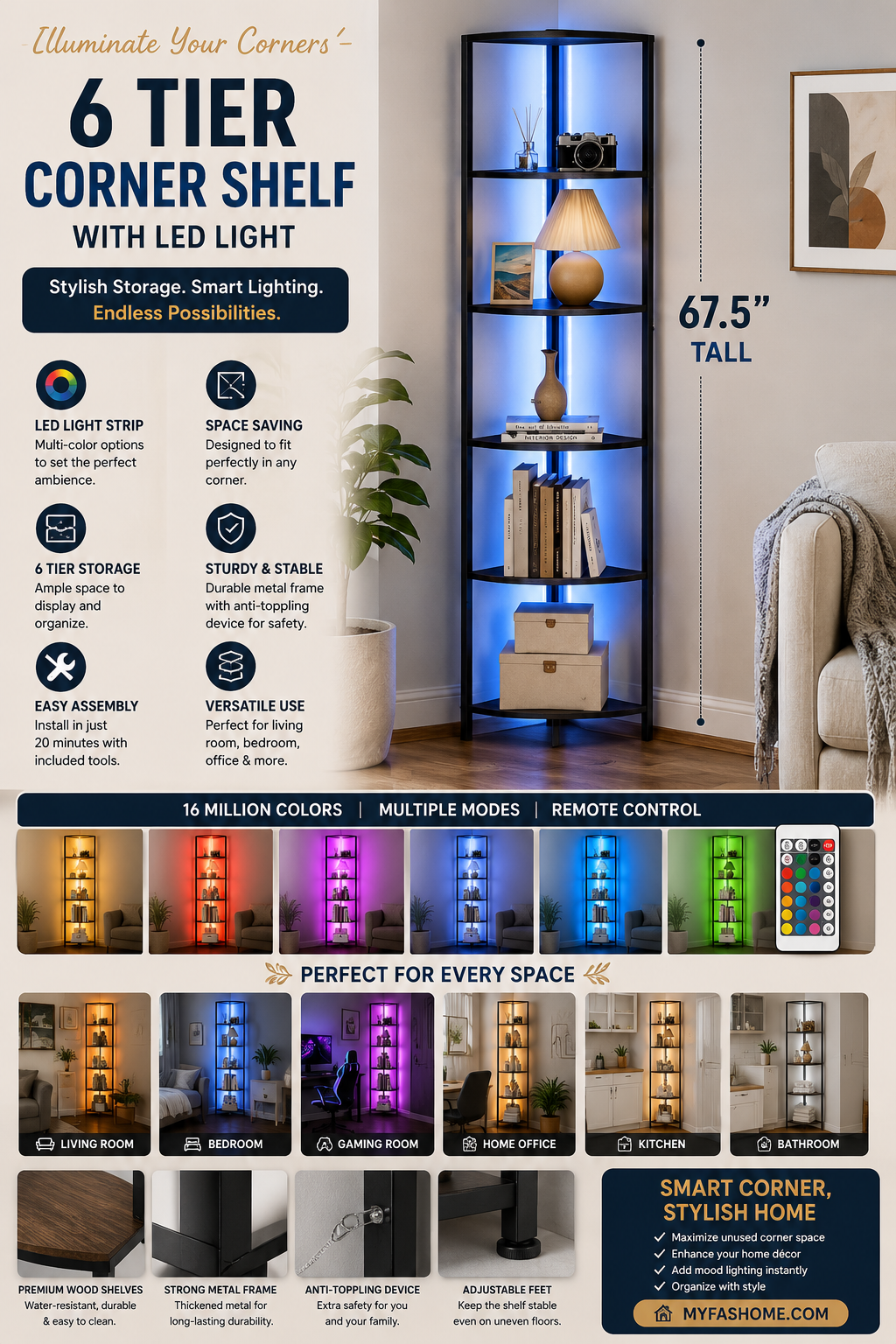 6 Tier Corner Shelf with LED Light 6 tier corner shelf with LED lighting, black metal frame, and wood shelves for modern home organization and decor