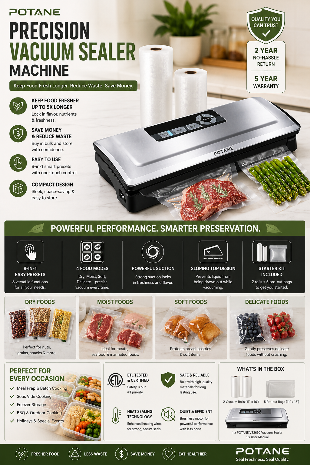 POTANE Precision Vacuum Sealer Machine POTANE precision vacuum sealer machine with vacuum bags for food storage, meal prep, and long-lasting freshness
