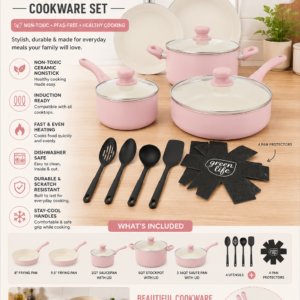 GreenLife 16 piece blush pink ceramic cookware set with non toxic nonstick coating and induction ready pots and pans