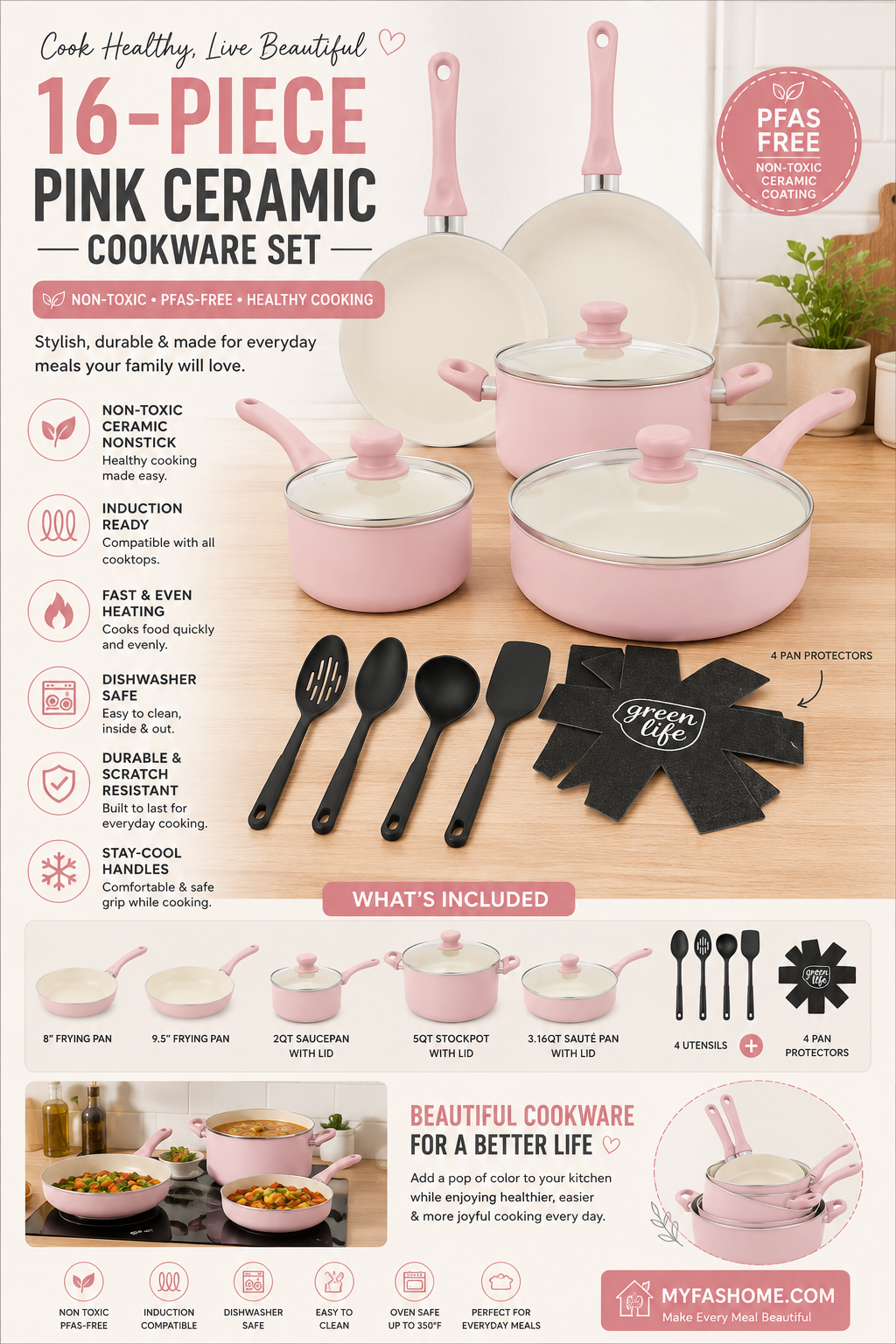 GreenLife 16 Piece Ceramic Cookware Set Pink GreenLife 16 piece blush pink ceramic cookware set with non toxic nonstick coating and induction ready pots and pans