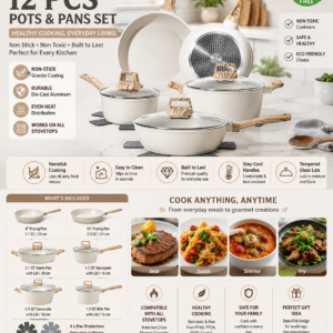 SODAY 12 piece white granite cookware set with non stick coating, glass lids, and induction compatible design
