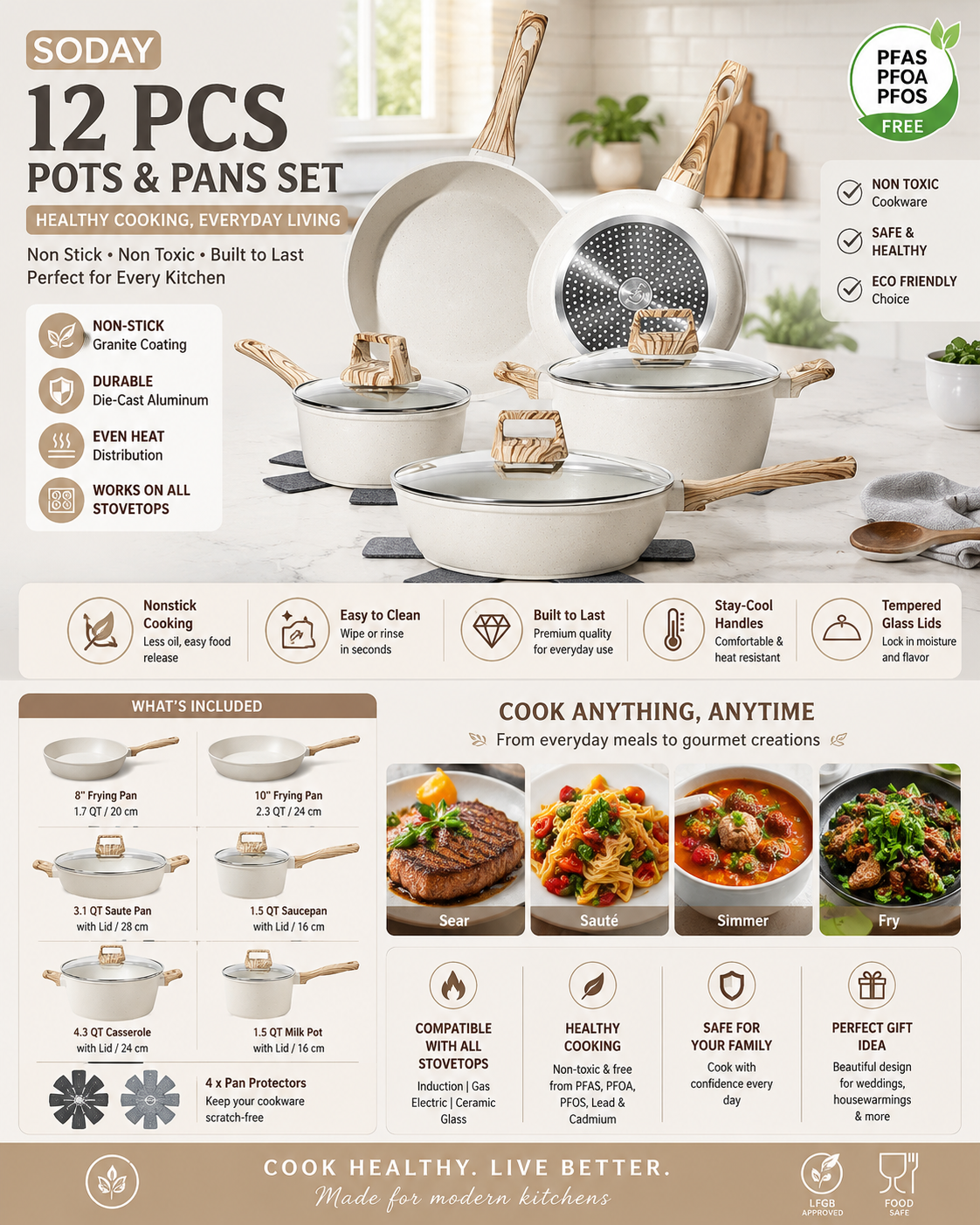 SODAY 12 Piece White Granite Cookware Set SODAY 12 piece white granite cookware set with non stick coating, glass lids, and induction compatible design