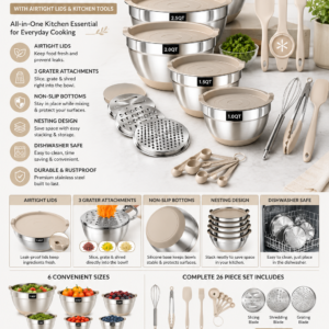 26 piece stainless steel mixing bowl set with airtight lids, grater attachments, and kitchen tools for meal prep and food storage
