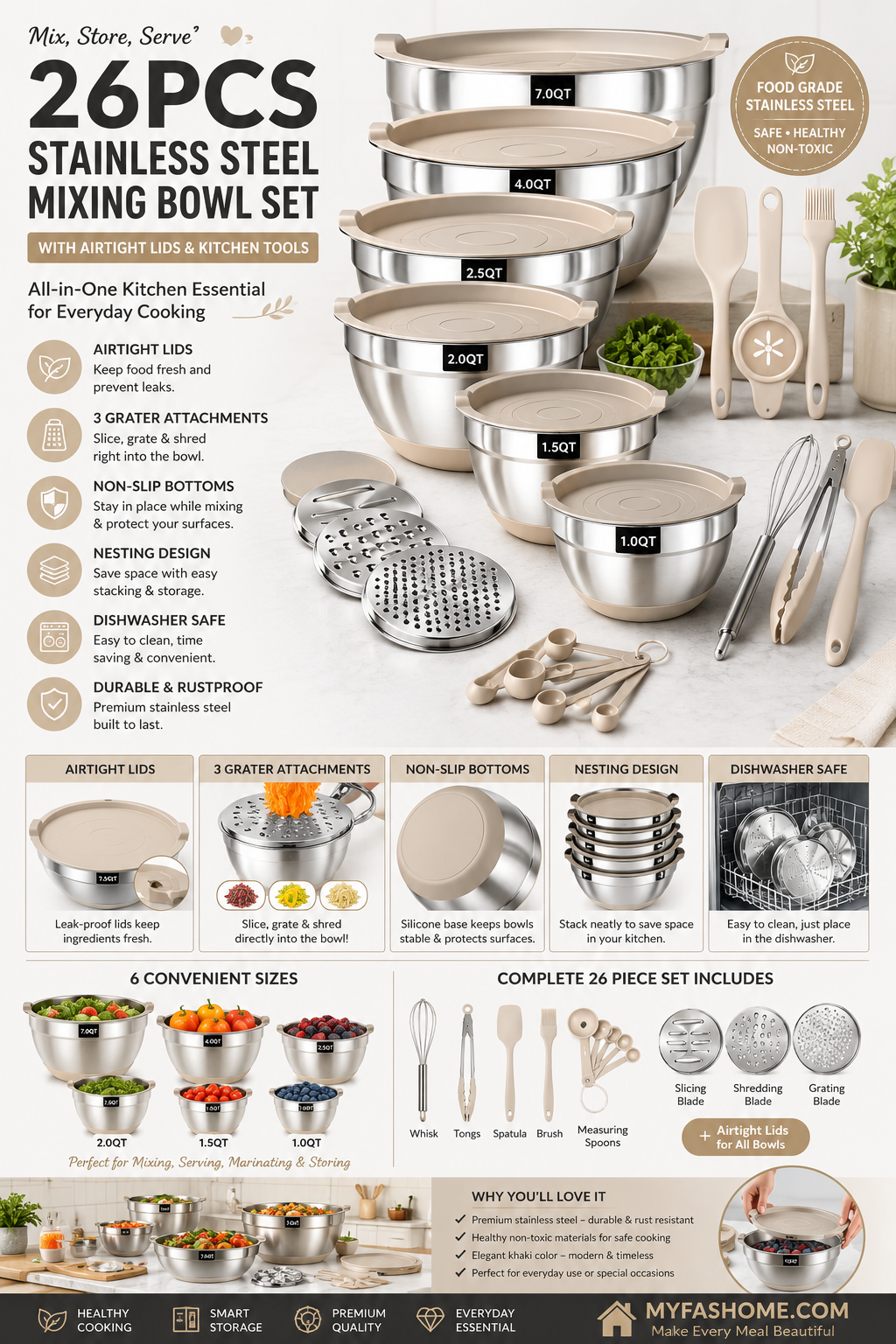 26PCS Stainless Steel Mixing Bowls Set with Airtight Lids 26 piece stainless steel mixing bowl set with airtight lids, grater attachments, and kitchen tools for meal prep and food storage