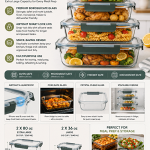 Glass food storage containers with airtight locking lids and stackable design for meal prep and kitchen organization