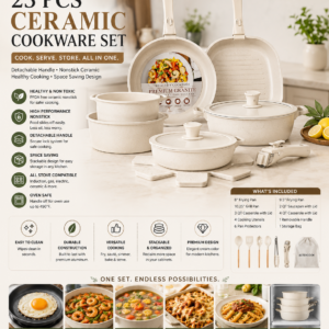 Astercook 23 piece cream ceramic cookware set with detachable handles, non-stick coating, and stackable storage design