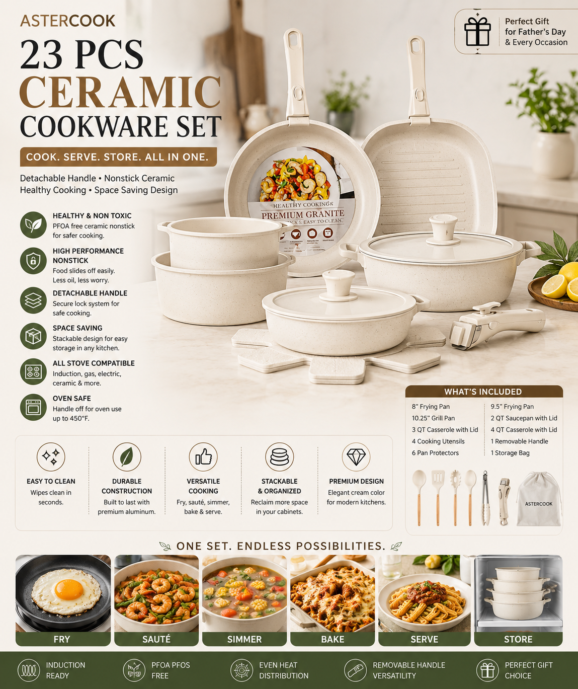 Astercook 23 Pcs Ceramic Cookware Set Astercook 23 piece cream ceramic cookware set with detachable handles, non-stick coating, and stackable storage design