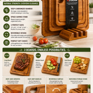 Astercook bamboo cutting board set with storage stand, juice grooves, and reversible wood chopping boards for kitchen use