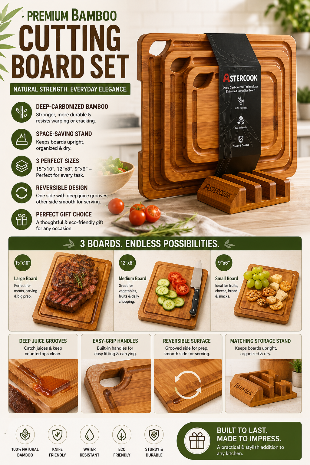 Astercook Bamboo Cutting Board Set with Storage Stand Astercook bamboo cutting board set with storage stand, juice grooves, and reversible wood chopping boards for kitchen use