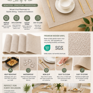 Beige woven vinyl placemats set of 4 with heat resistant, waterproof, and non slip design for dining table decor