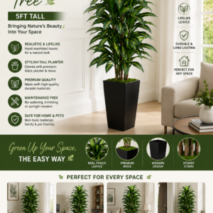 Artificial Dracaena tree 5ft tall with realistic green leaves and modern black planter for living room and office decor