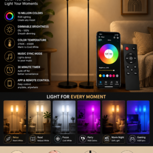 FRIDEKO HOME smart floor lamps with beige shades, RGB lighting, remote control, and app-controlled brightness settings