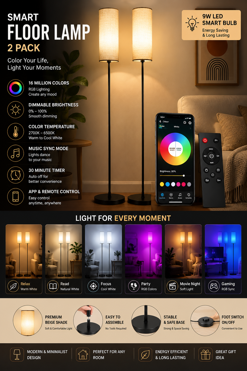 FRIDEKO HOME Smart Floor Lamps 2 Pack FRIDEKO HOME smart floor lamps with beige shades, RGB lighting, remote control, and app-controlled brightness settings