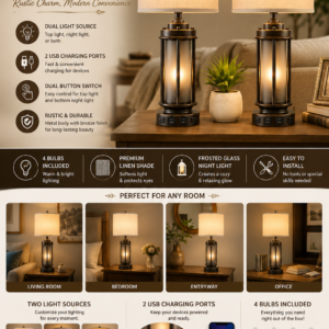 Farmhouse table lamps set of 2 with USB charging ports, frosted glass night lights, and rustic bronze finish