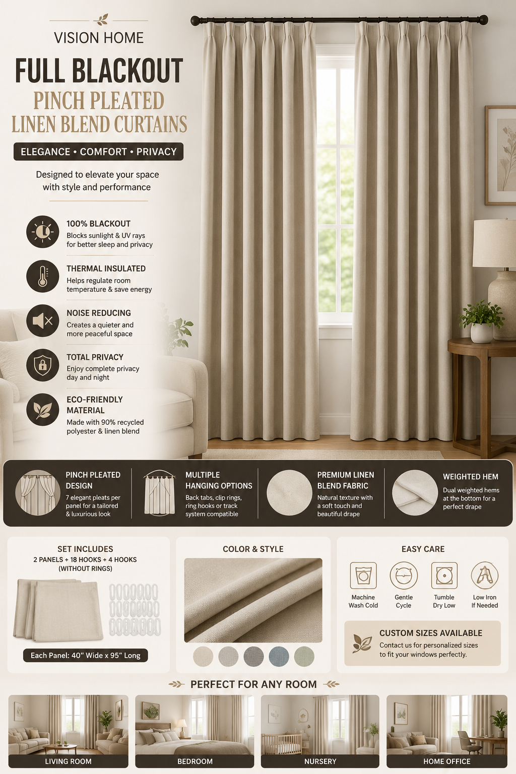 Vision Home Full Blackout Pinch Pleated Curtains Vision Home linen blend pinch pleated blackout curtains with thermal insulation and elegant room darkening design for living room and bedroom