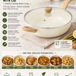 SENSARTE ceramic nonstick frying pan with glass lid, deep 5 quart capacity, induction compatible base and healthy toxin free coating