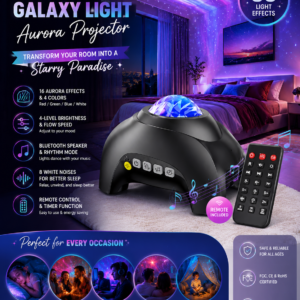 Northern Galaxy Light Aurora Projector with colorful star effects, Bluetooth speaker, remote control, and bedroom mood lighting