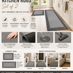 Machine washable kitchen rugs set of 2 with non-slip backing, absorbent microfiber surface, and modern gray design for kitchen floors