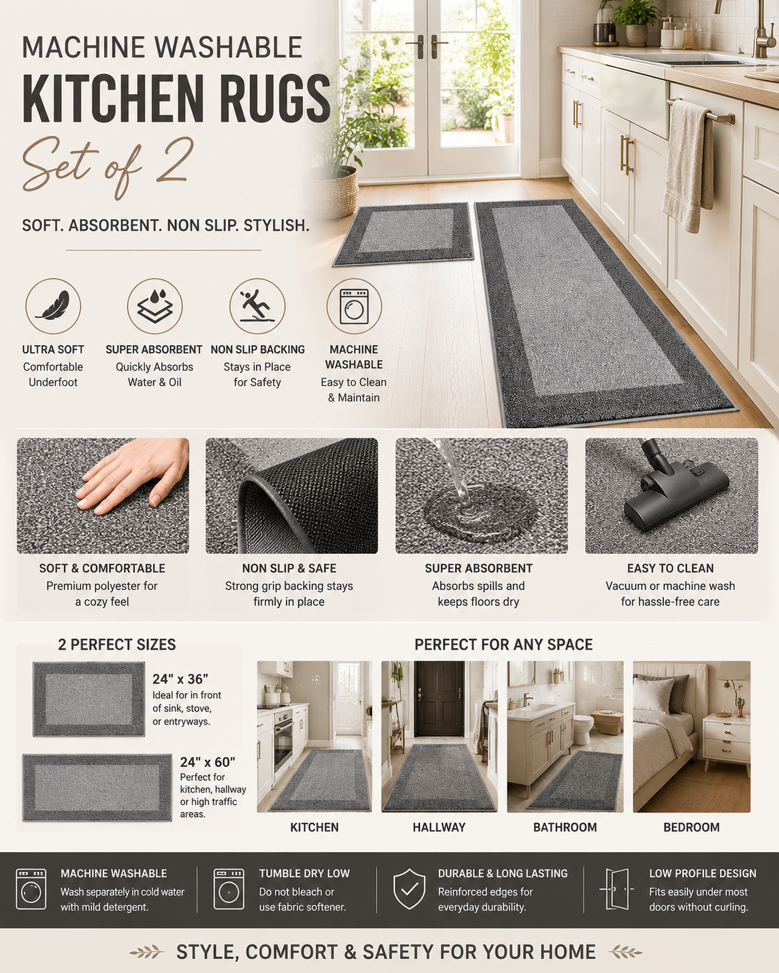 Machine Washable Kitchen Rugs Set of 2 Machine washable kitchen rugs set of 2 with non-slip backing, absorbent microfiber surface, and modern gray design for kitchen floors