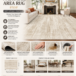 Soalmost washable area rug 8x10 featuring vintage beige design, non-slip backing, stain-resistant surface, and soft low-pile texture