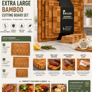 Kikcoin bamboo cutting boards set of 3 with storage stand, deep juice grooves, and durable butcher block design for kitchen food preparation