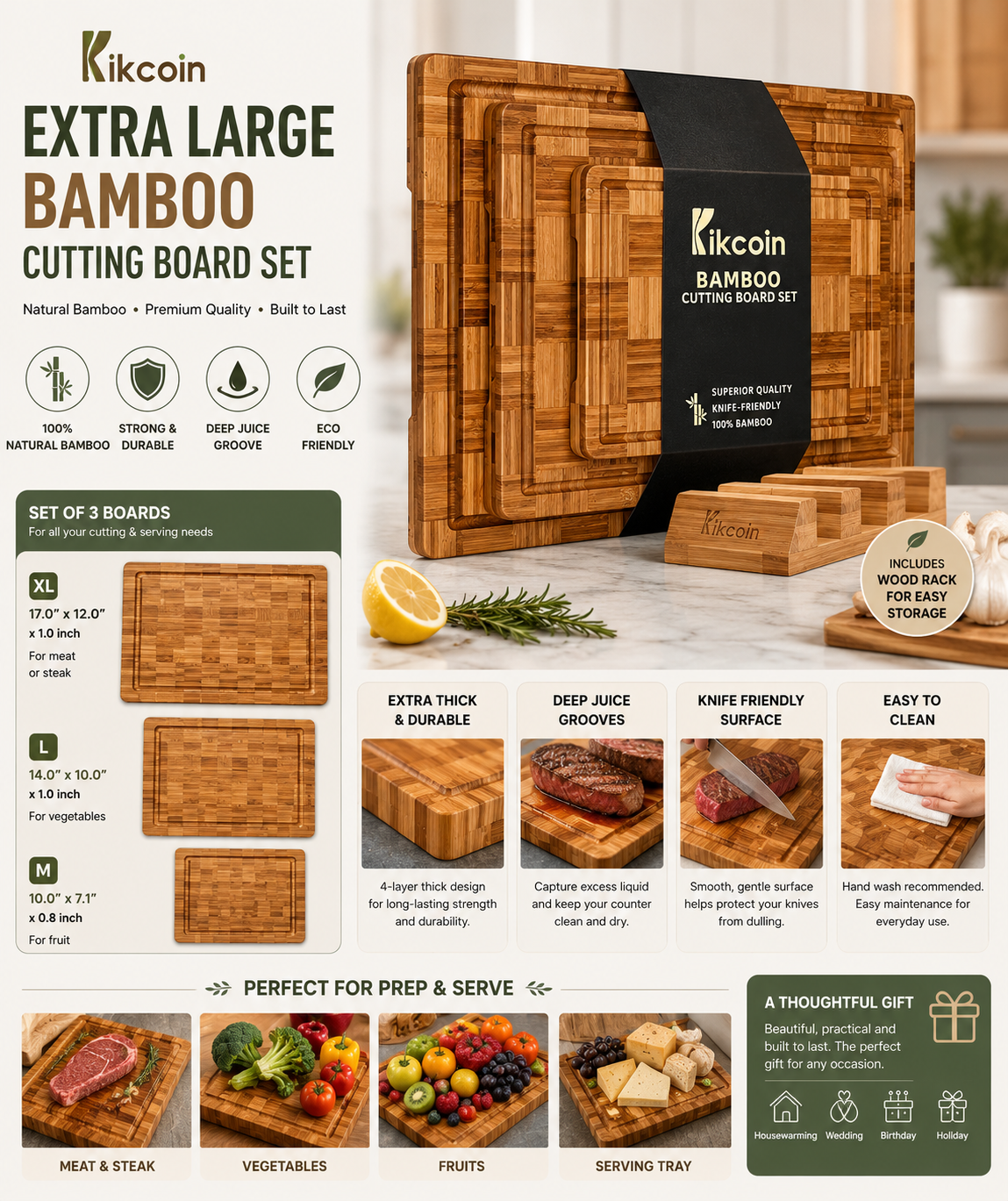 Kikcoin Extra Large Bamboo Cutting Boards Set Kikcoin bamboo cutting boards set of 3 with storage stand, deep juice grooves, and durable butcher block design for kitchen food preparation