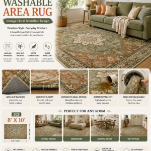 RELEANY washable area rug 8x10 featuring floral vintage medallion pattern in terracotta, burnt orange, and green tones for living room decor