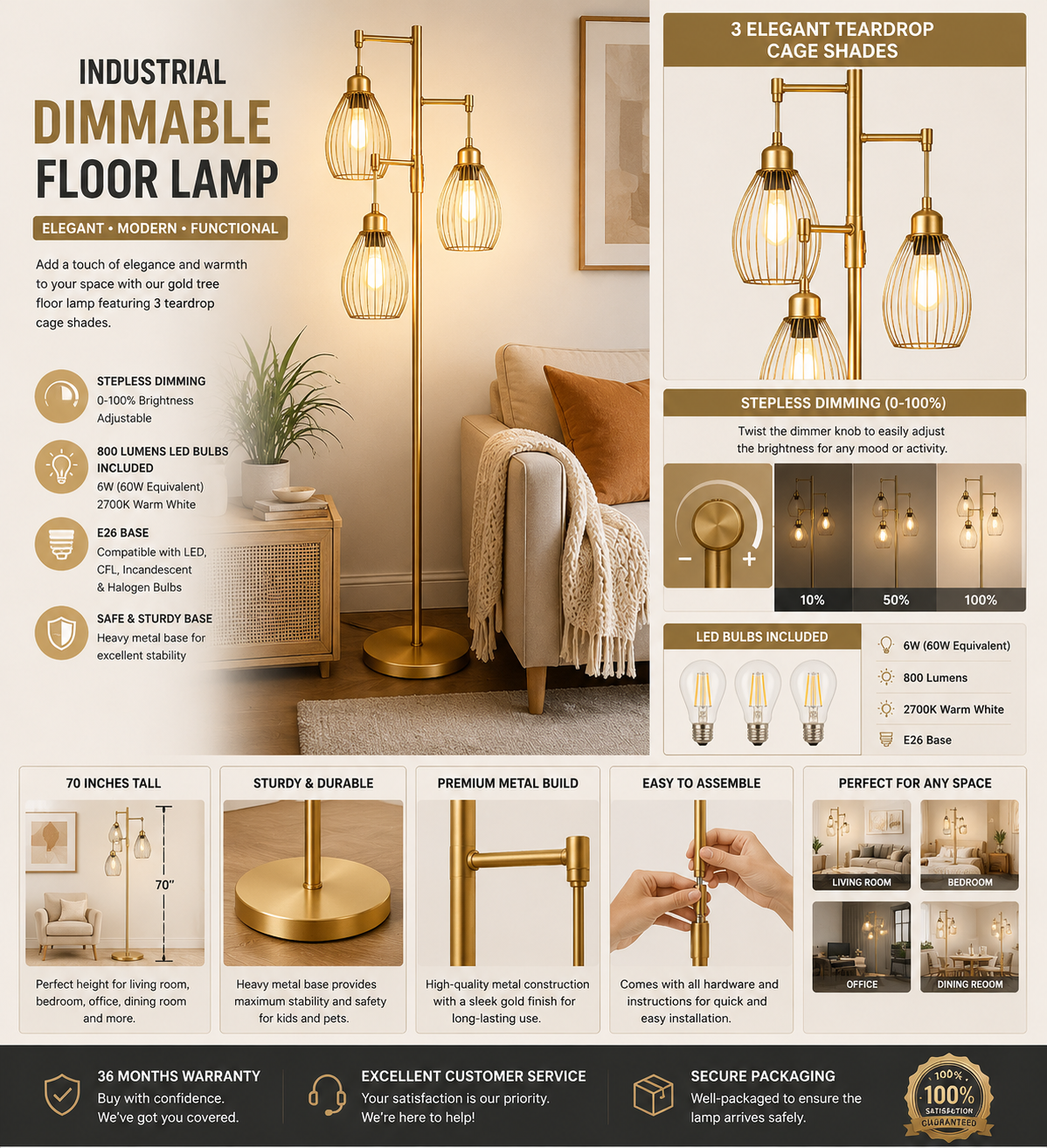 Dimmable Gold Tree Floor Lamp with 3 Lights | MyFasHome Dimmable Gold Tree Floor Lamp