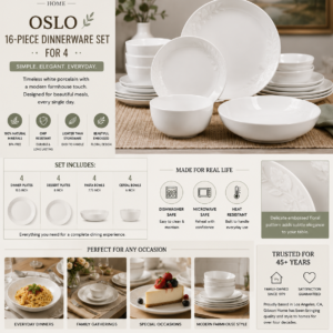 Gibson Home Oslo 16-piece white porcelain dinnerware set with plates and bowls featuring modern farmhouse design