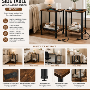 hoobro side table with charging station, set of 2 end tables with usb port and outlets, nightstand with 2 layer storage shelves for small spaces, living room, bedroom, rustic brown bf09ubzp201