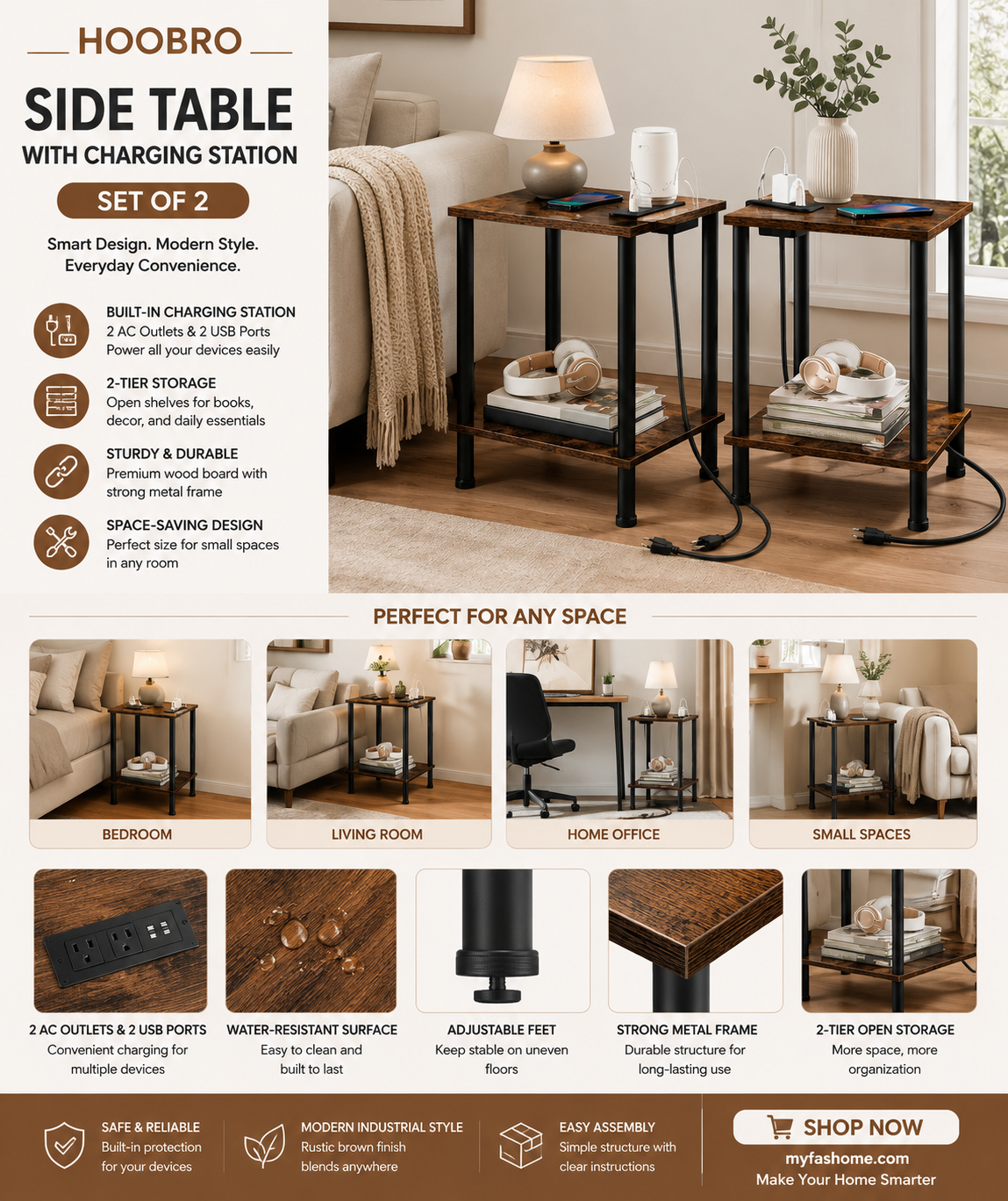 hoobro side table with charging station, set of 2 end tables with usb port and outlets, nightstand with 2 layer storage shelves for small spaces, living room, bedroom, rustic brown bf09ubzp201 hoobro side table with charging station, set of 2 end tables with usb port and outlets, nightstand with 2 layer storage shelves for small spaces, living room, bedroom, rustic brown bf09ubzp201