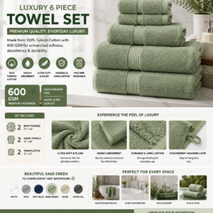 american soft linen luxury 6 piece towel set, 2 bath towels 2 hand towel 2 washcloths, 600 gsm 100% cotton turkish towels for bathroom, sage green towel sets