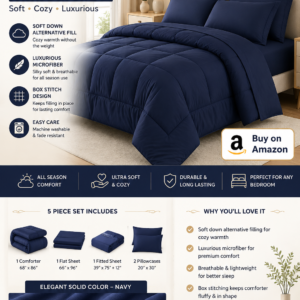 sweet home collection 5 piece comforter set bag solid color all season soft down alternative blanket & luxurious microfiber bed sheets, navy, twin