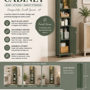 vasagle tall storage cabinet with lights, slim freestanding cabinet with adjustable shelves, for small spaces, bathroom, living room, modern, 11.8 inches wide, forest green ubbc566c01