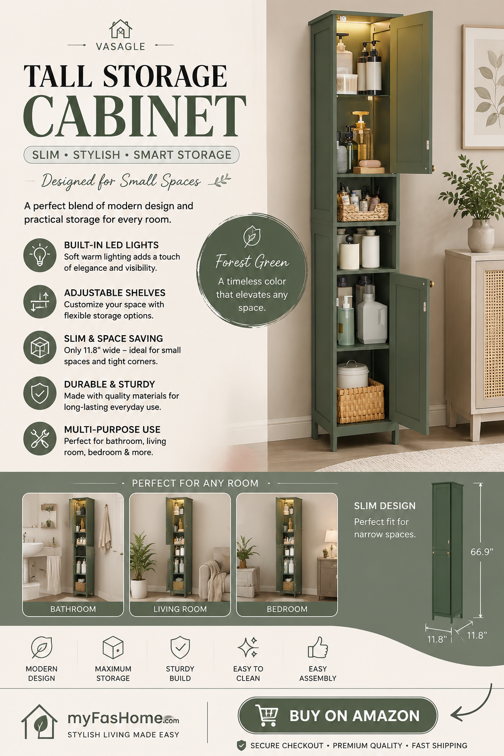 vasagle tall storage cabinet with lights, slim freestanding cabinet with adjustable shelves, for small spaces, bathroom, living room, modern, 11.8 inches wide, forest green ubbc566c01 vasagle tall storage cabinet with lights, slim freestanding cabinet with adjustable shelves, for small spaces, bathroom, living room, modern, 11.8 inches wide, forest green ubbc566c01