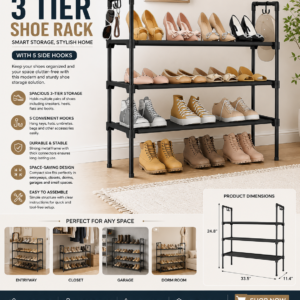 lanteful 3 tier shoe rack for closet, shoe organizer with 5 hooks, long shoe shelf storage for sneaker and boot stackable free standing shoe rack for entryway, garage, small spaces, dorm