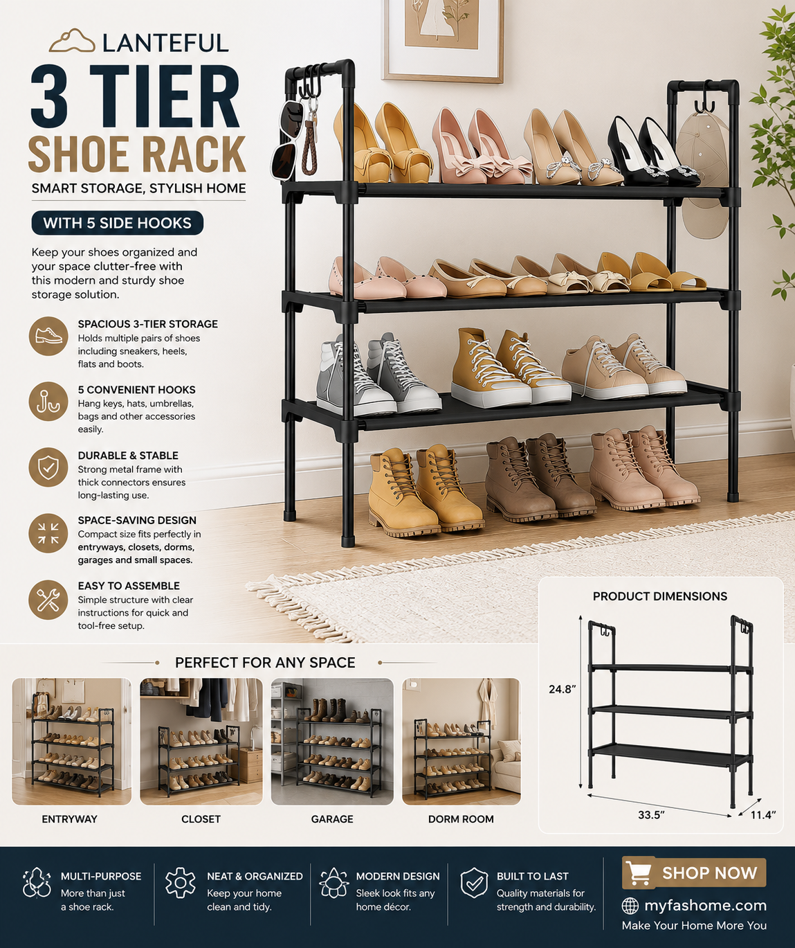 lanteful 3 tier shoe rack for closet, shoe organizer with 5 hooks, long shoe shelf storage for sneaker and boot stackable free standing shoe rack for entryway, garage, small spaces, dorm lanteful 3 tier shoe rack for closet, shoe organizer with 5 hooks, long shoe shelf storage for sneaker and boot stackable free standing shoe rack for entryway, garage, small spaces, dorm