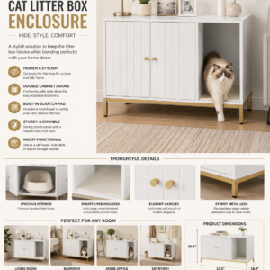 feandrea cat litter box enclosure, hidden litter box furniture with scratch pad, front entry, double cabinet doors, modern style, 31.5" cat house washroom side end table, white and gold