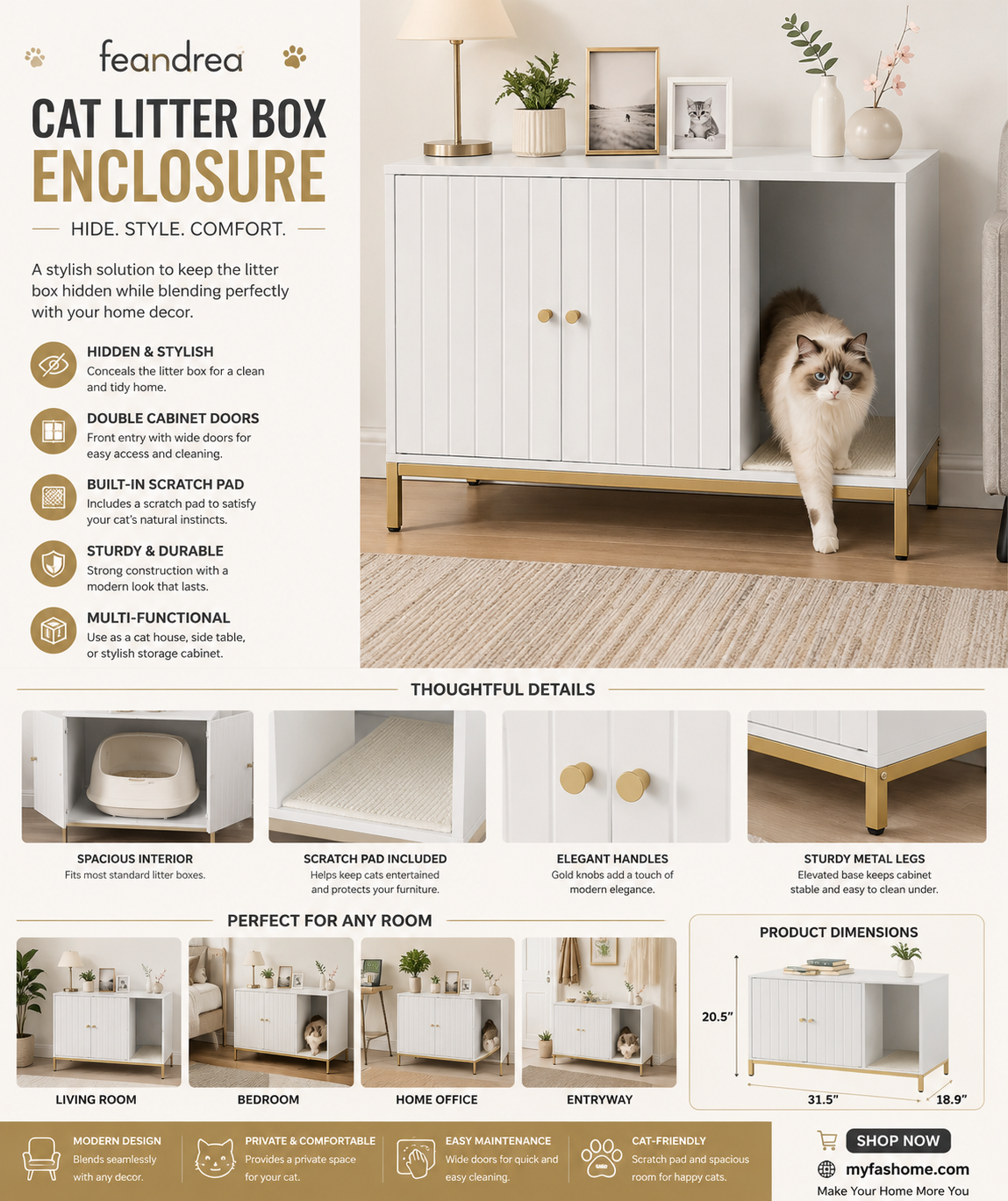 feandrea cat litter box enclosure, hidden litter box furniture with scratch pad, front entry, double cabinet doors, modern style, 31.5" cat house washroom side end table, white and gold feandrea cat litter box enclosure, hidden litter box furniture with scratch pad, front entry, double cabinet doors, modern style, 31.5" cat house washroom side end table, white and gold