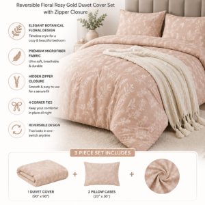 muxhomo duvet cover queen size, reversible floral rosy gold duvet cover set with zipper closure, 3 pieces botanical patterns soft microfiber bedding set with 4 ties (90"x90", 2 pillow cases)