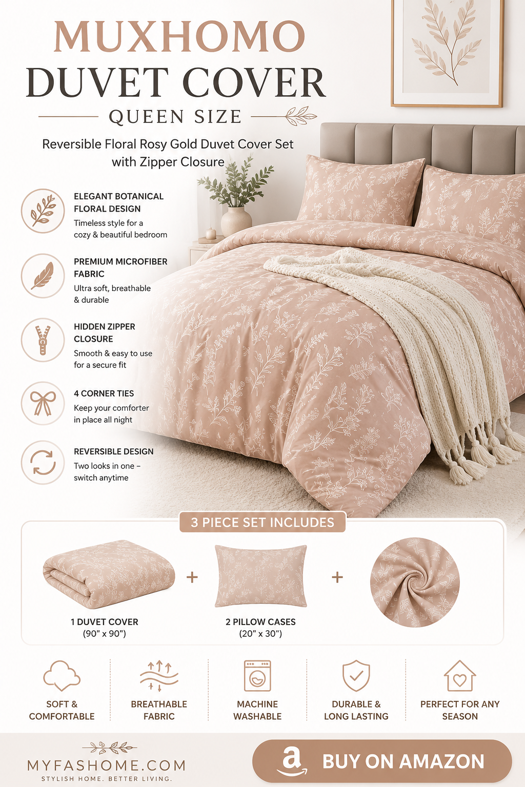 muxhomo duvet cover queen size, reversible floral rosy gold duvet cover set with zipper closure, 3 pieces botanical patterns soft microfiber bedding set with 4 ties (90"x90", 2 pillow cases) muxhomo duvet cover queen size, reversible floral rosy gold duvet cover set with zipper closure, 3 pieces botanical patterns soft microfiber bedding set with 4 ties (90"x90", 2 pillow cases)