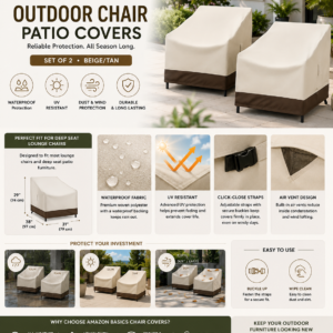 amazon basics outdoor chair and patio furniture covers, waterproof lounge deep seat covers, uv resistant, click close straps, 31" x 38" x 29", set of 2, beige/tan