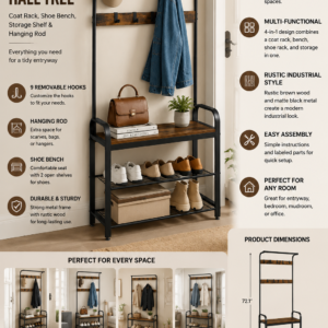 vasagle coat rack, hall tree with shoe bench for entryway, entryway bench with coat rack, 4 in 1, with 9 removable hooks, a hanging rod, 13.3 x 28.3 x 72.1 inches, rustic brown and black uhsr40b