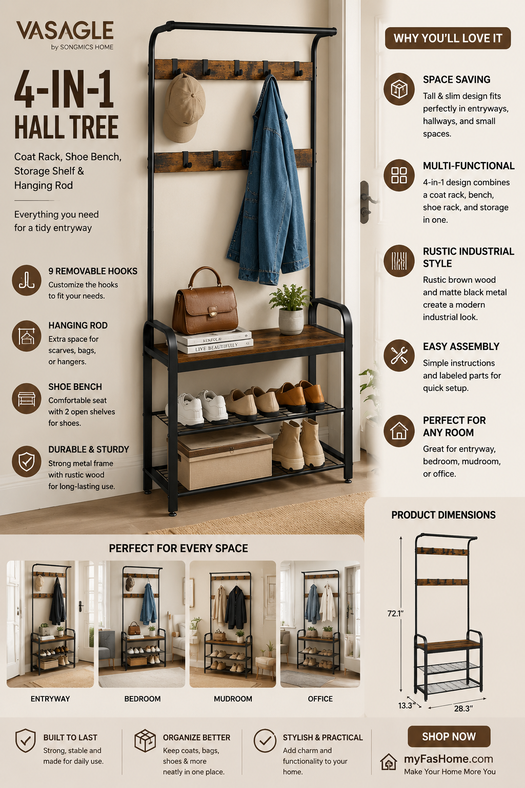 vasagle coat rack, hall tree with shoe bench for entryway, entryway bench with coat rack, 4 in 1, with 9 removable hooks, a hanging rod, 13.3 x 28.3 x 72.1 inches, rustic brown and black uhsr40b vasagle coat rack, hall tree with shoe bench for entryway, entryway bench with coat rack, 4 in 1, with 9 removable hooks, a hanging rod, 13.3 x 28.3 x 72.1 inches, rustic brown and black uhsr40b