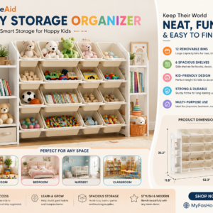 spaceaid toy storage organizer with 6 shelves and 12 bins, bookshelf/bookcase, kids bin shelf, toys box for playroom organization for bedroom & room decor, white, 52.3" w