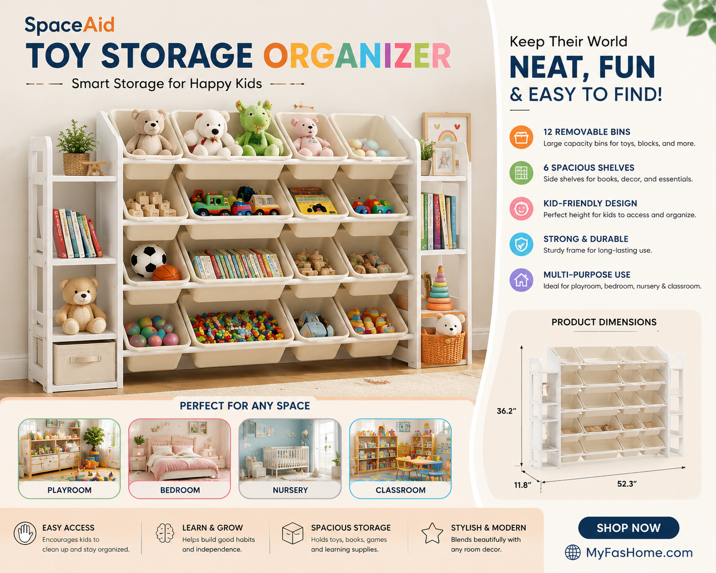 spaceaid toy storage organizer with 6 shelves and 12 bins, bookshelf/bookcase, kids bin shelf, toys box for playroom organization for bedroom & room decor, white, 52.3" w spaceaid toy storage organizer with 6 shelves and 12 bins, bookshelf/bookcase, kids bin shelf, toys box for playroom organization for bedroom & room decor, white, 52.3" w