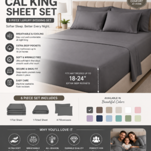 extra deep cal king sheet set 6 piece breathable and cooling sheets hotel luxury bedding for women, men, kids & teens easy & secure fit soft, wrinkle free and comfy extra deep pockets grey